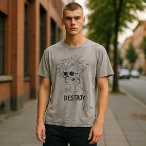 Ed Hardy Gray Skull Graphic Short Sleeve Tee‎ Destroy Vintage Small
